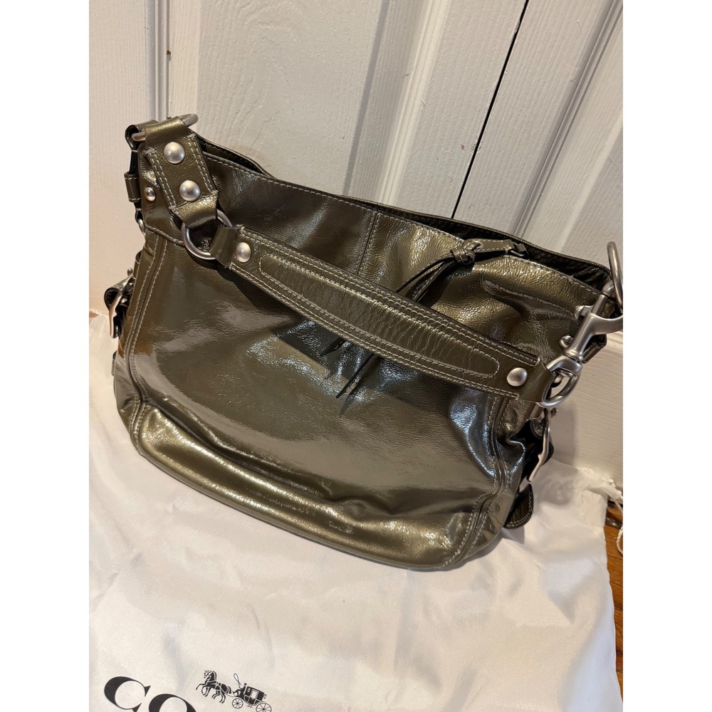 Coach Metallic Olive Green Patent Leather Hobo Shoulder Bag Purse w Dust Bag